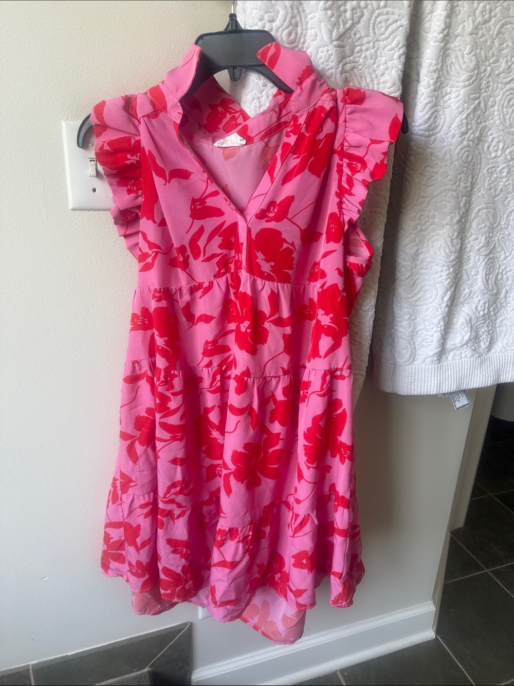 Women's Pink Floral Ruffle-Sleeve Casual Dress